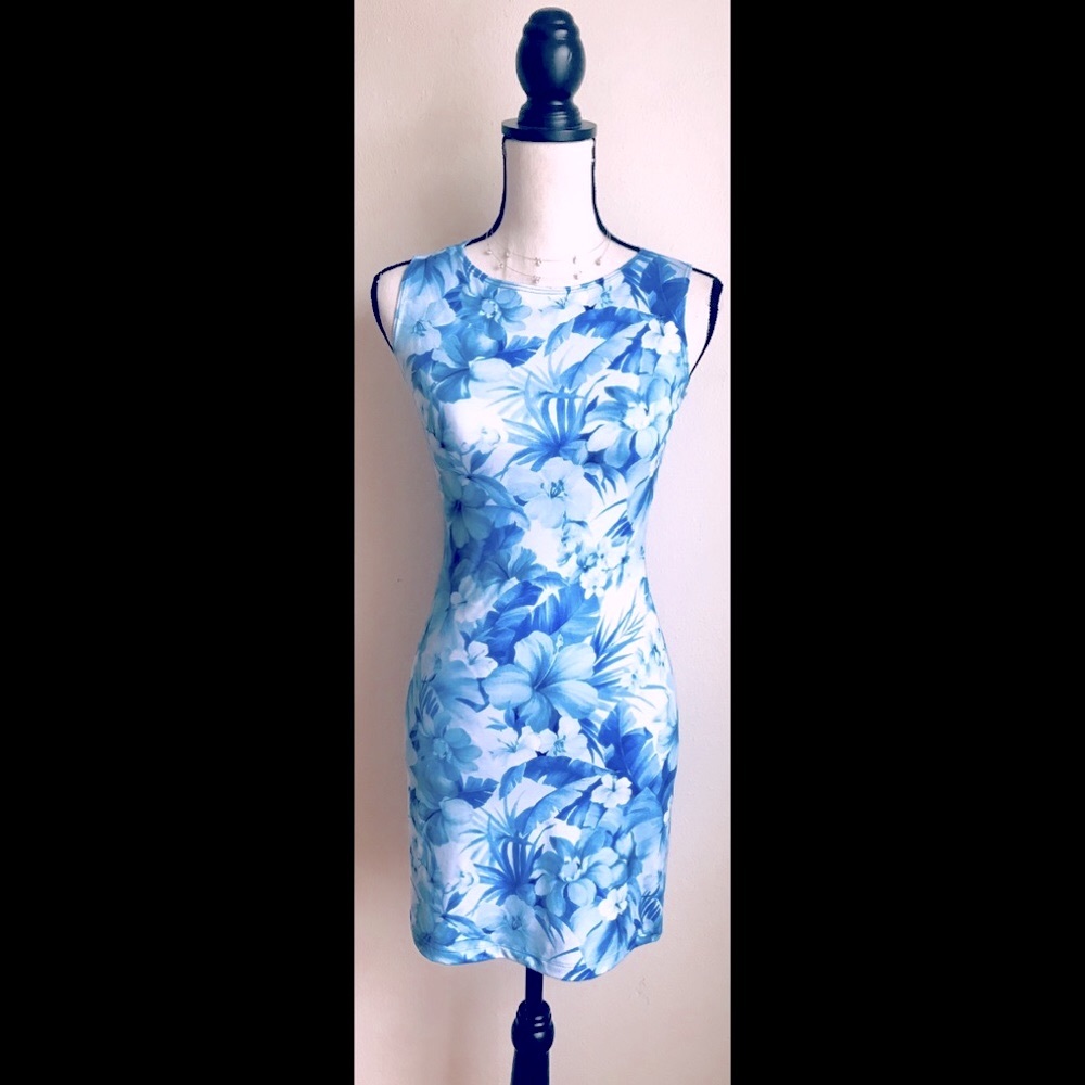 Blue & White Floral Sheath Dress: Sleeveless, Stretch, Mini Skirt, Sz. S